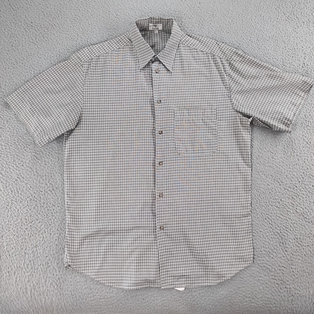 Zanella Shirt Mens Large Gray Check 100% Cotton Button Up Short Sleeve Italy